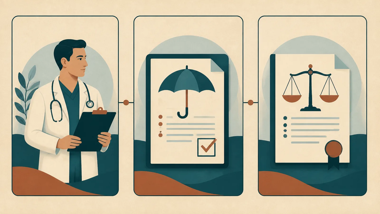 Three questions and three different decision makers after an Ohio crash Three-part illustration separating clinical care decisions, insurance coverage decisions, and legal or claim questions after a crash.