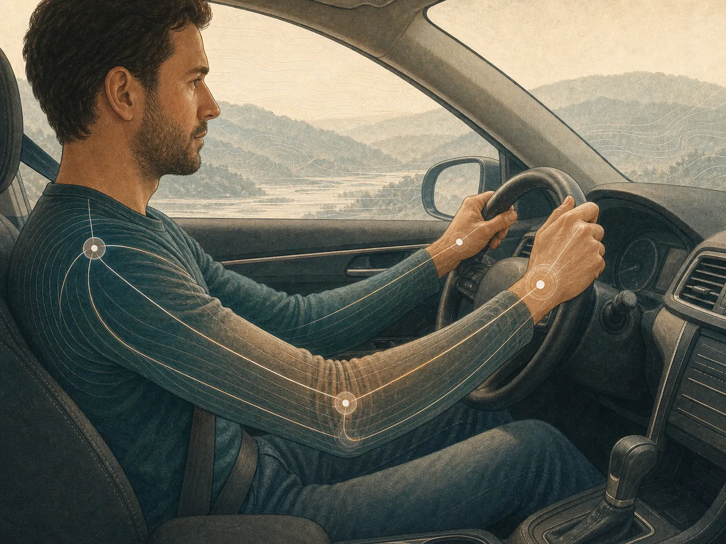 Arm, wrist, and hand symptoms after a car accident A view connecting the shoulder, elbow, wrist, and hands while holding a steering wheel.
