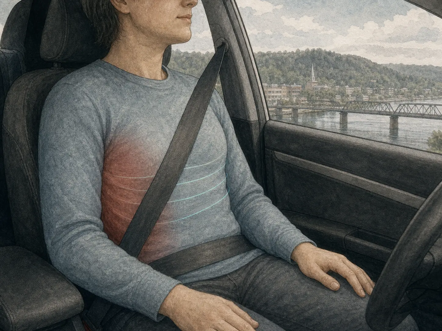Torso silhouette showing where the diagonal shoulder belt and the lap belt cross the body