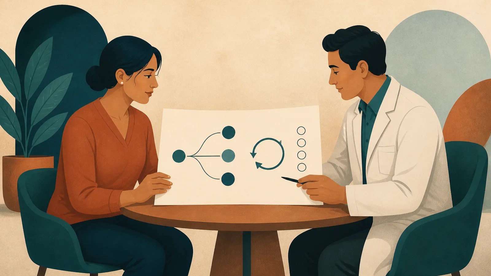 Patient and clinician reviewing questions, care options, risks, and reassessment before a chiropractic care plan begins.