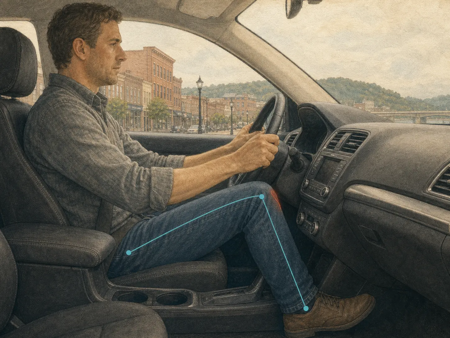Illustration of a seated driver's knee close to the dashboard at the moment of impact