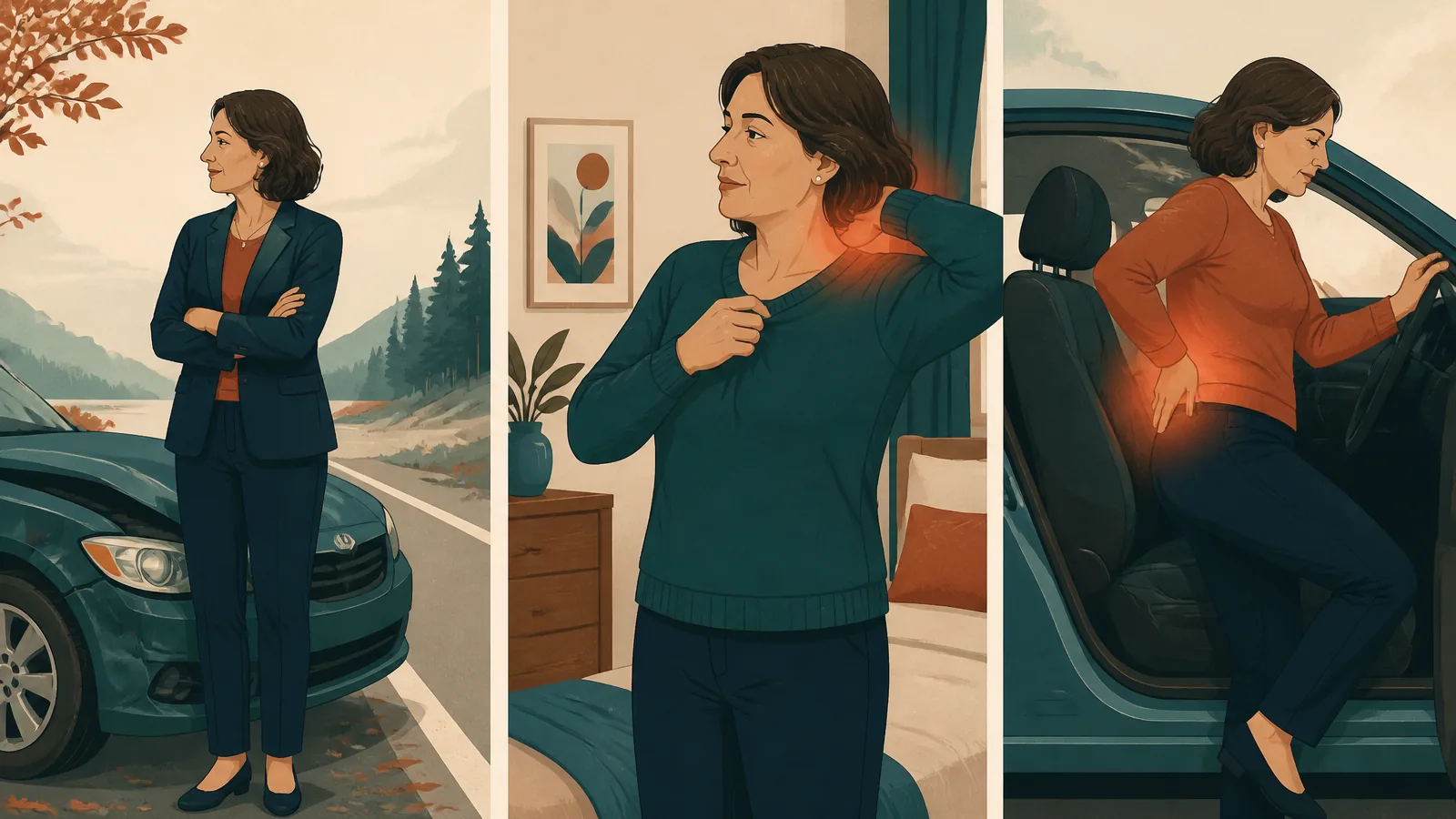 Person noticing new soreness during ordinary activities after initially feeling relatively comfortable at a crash scene.