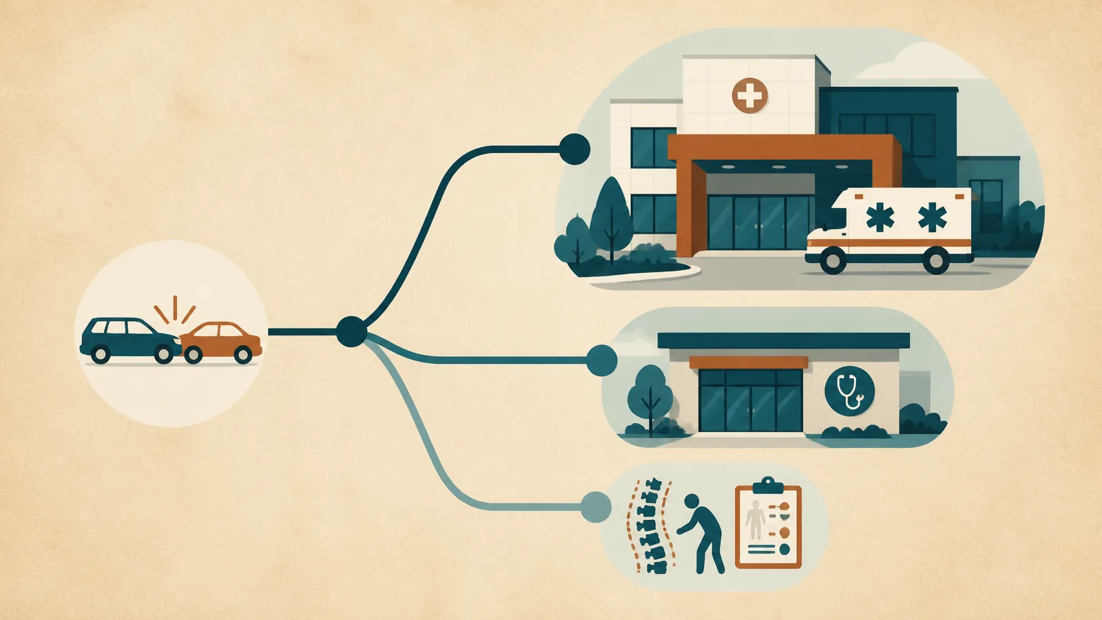 Decision illustration separating emergency care, medical evaluation, and later chiropractic evaluation after a car accident.