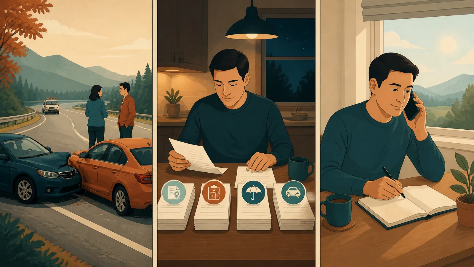 Three-stage illustration showing safety at the crash scene, organizing records that evening, and noting symptoms the next morning.