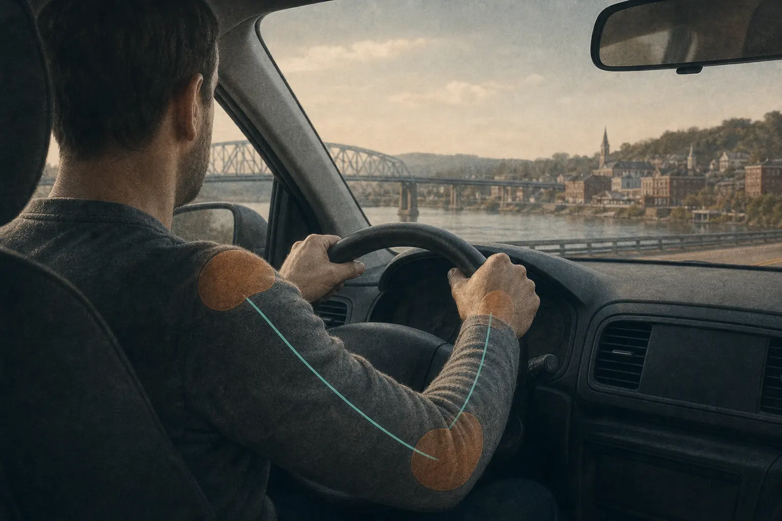 Driver’s hands near a steering wheel with subtle wrist, forearm, and shoulder symptom overlays