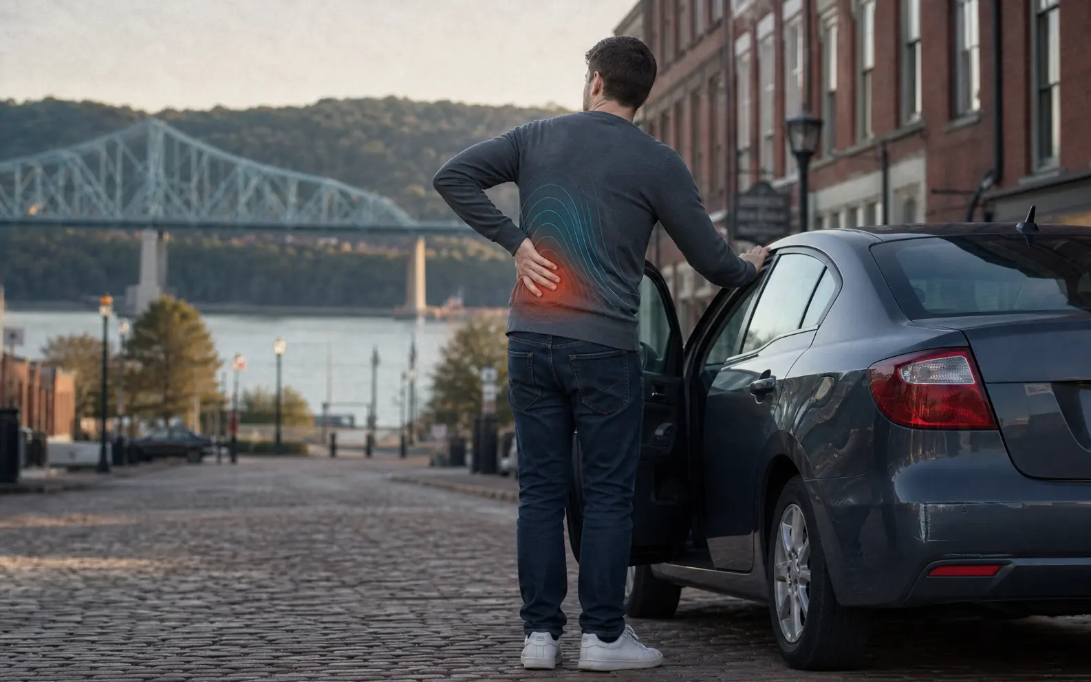 Low-back pain after a lower-speed collision Driver standing carefully beside a compact car and noticing low-back stiffness after a minor collision