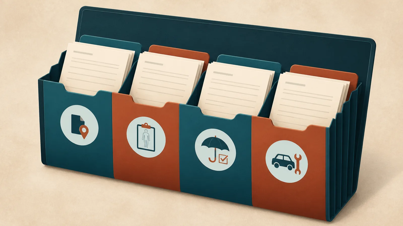 Organized accident-record folder separating police, medical, insurance, and vehicle documents.