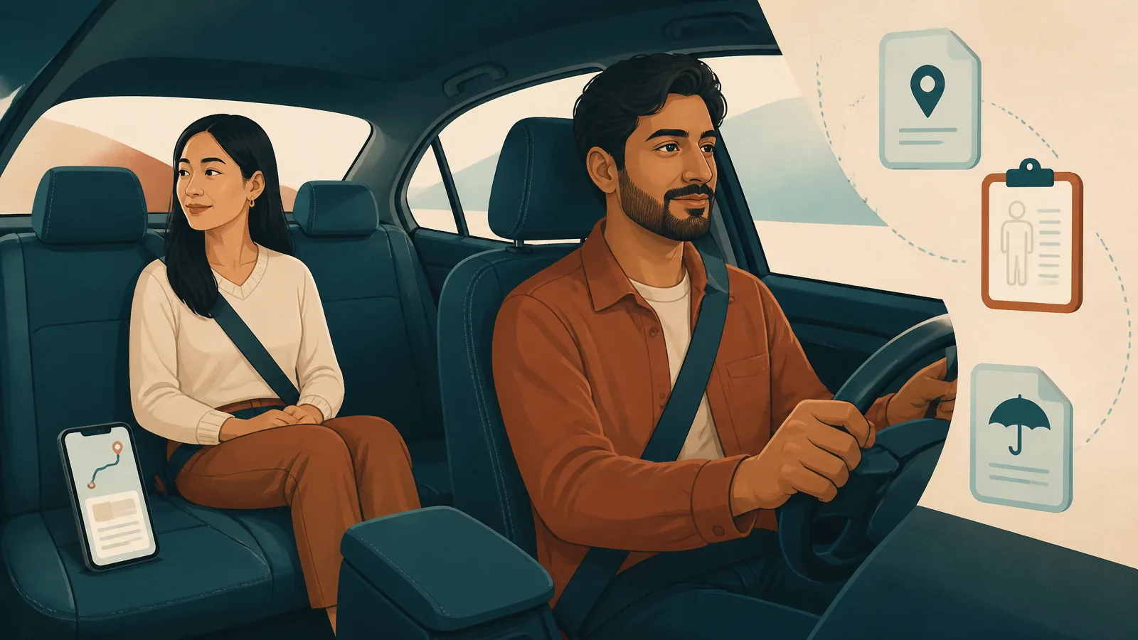 Driver and passenger shown in different seating positions with a phone trip record after a rideshare or passenger crash.