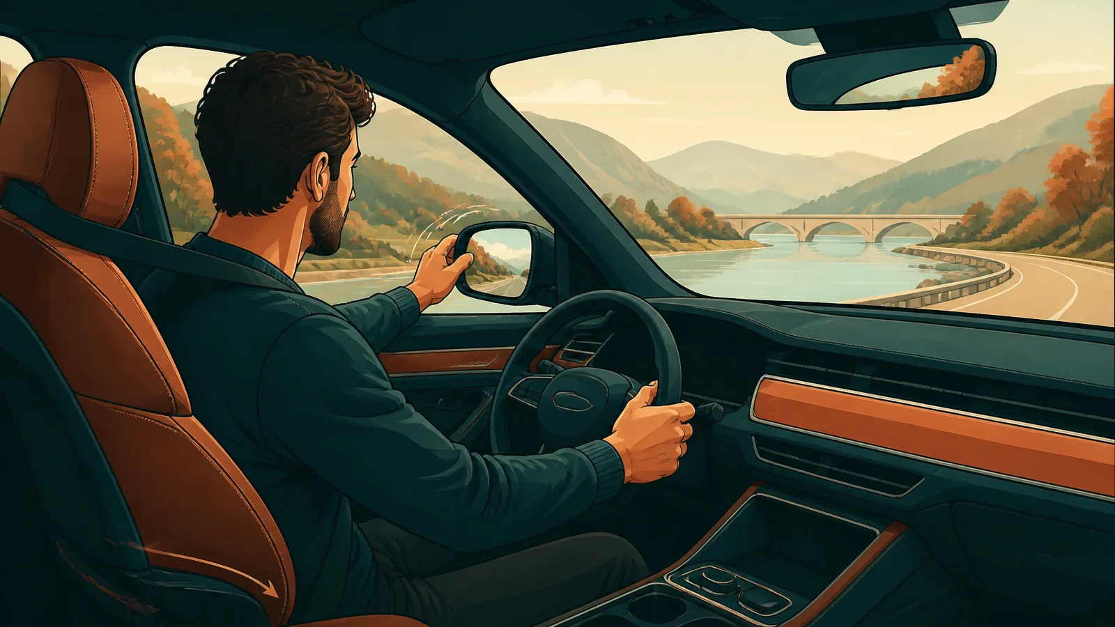 Driver adjusting seat, steering-wheel distance, and mirrors for comfortable everyday driving around Portsmouth.
