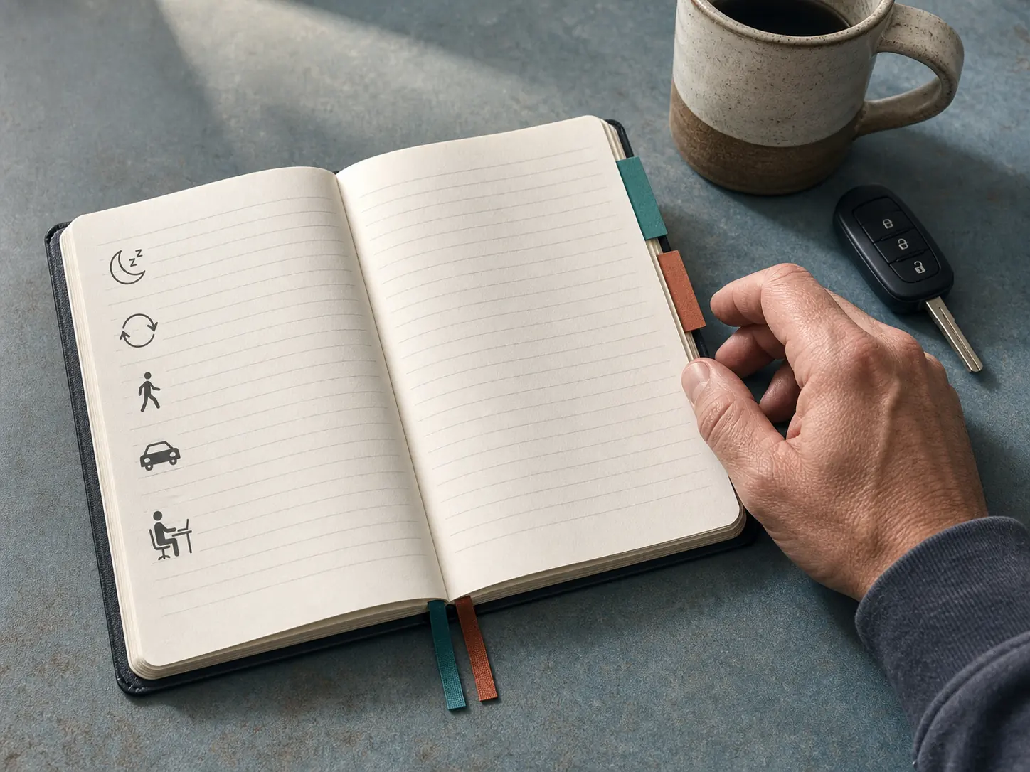 Open notebook with simple icons for sleep, turning, walking, driving, and work tolerance