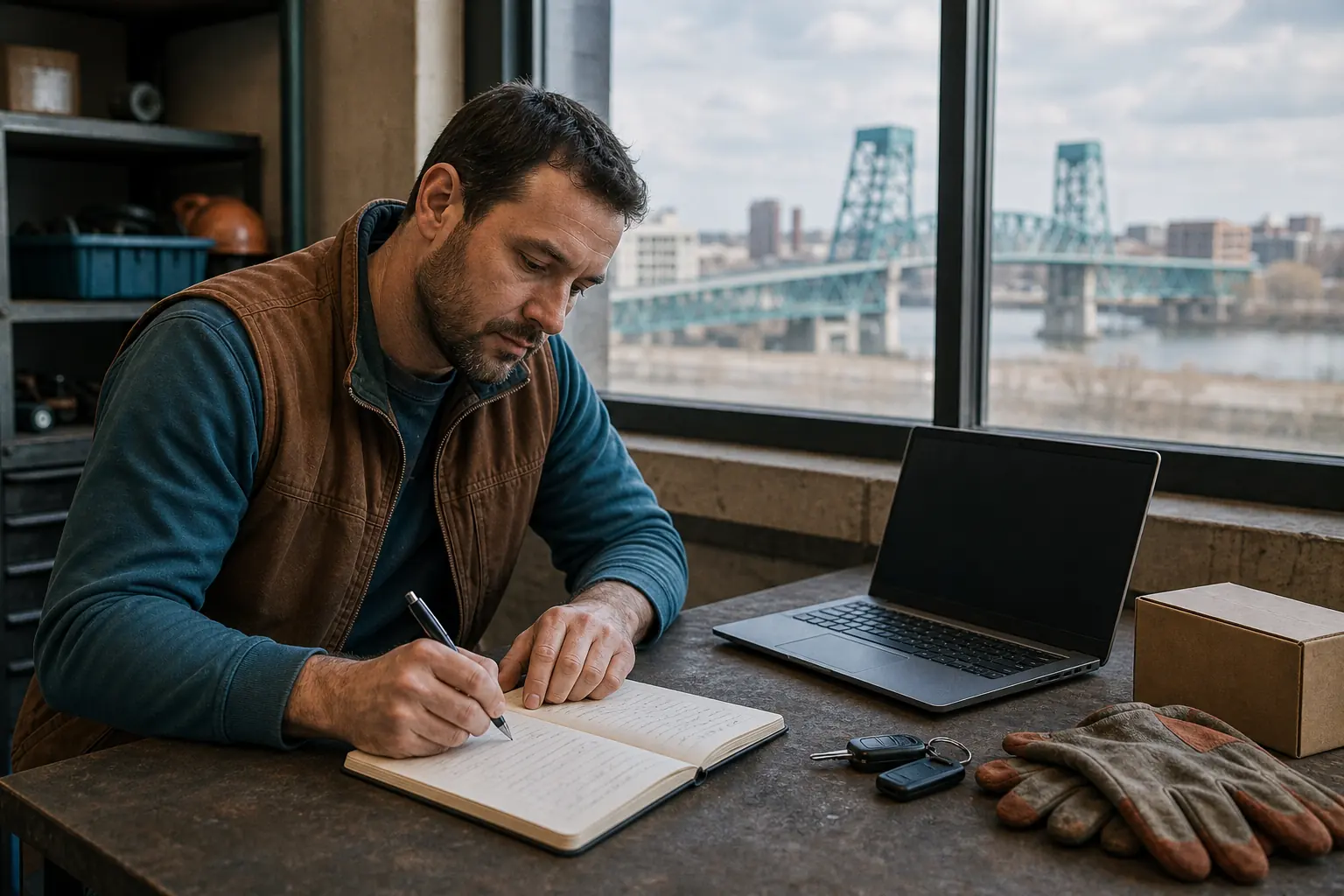 Portsmouth worker using a simple task-and-symptom notebook beside ordinary work gear