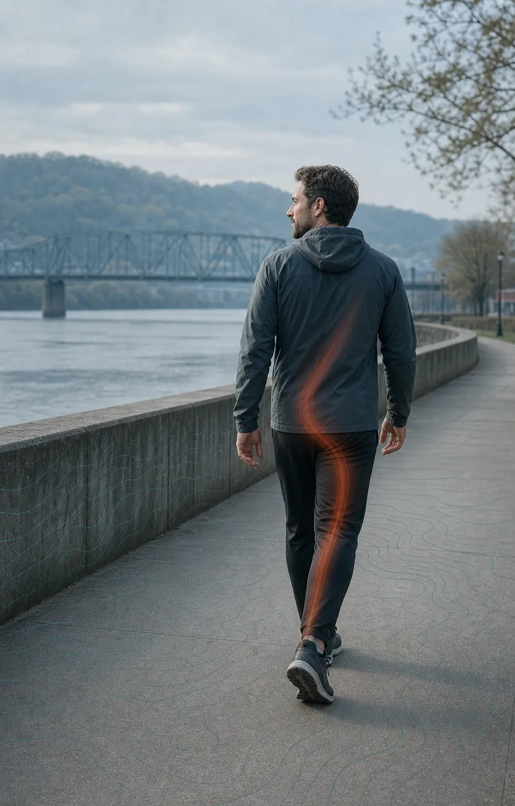 Person walking near the Portsmouth floodwall with a subtle path of discomfort from low back into one leg