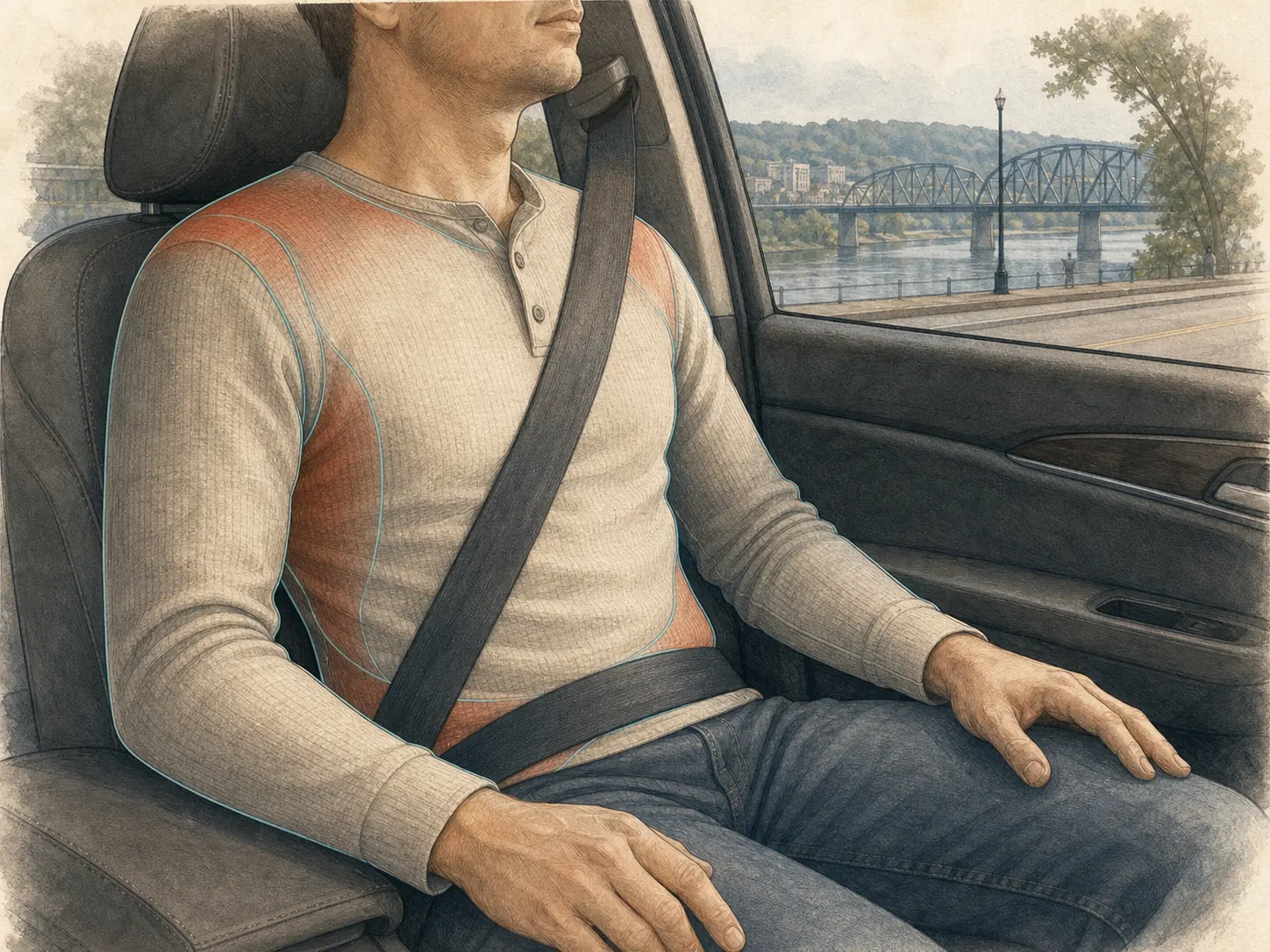 Mapping seat-belt soreness after a Portsmouth crash Shoulder, collarbone, and lap-belt areas a person may monitor after a crash