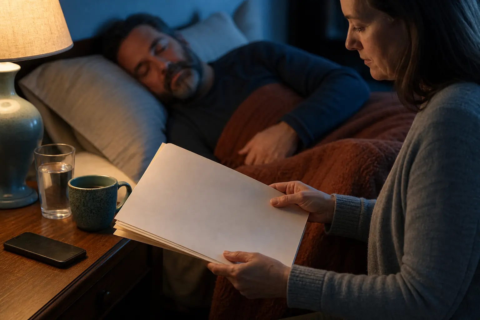 Calm bedside scene with written medical instructions, phone, water, and a dim lamp after a collision