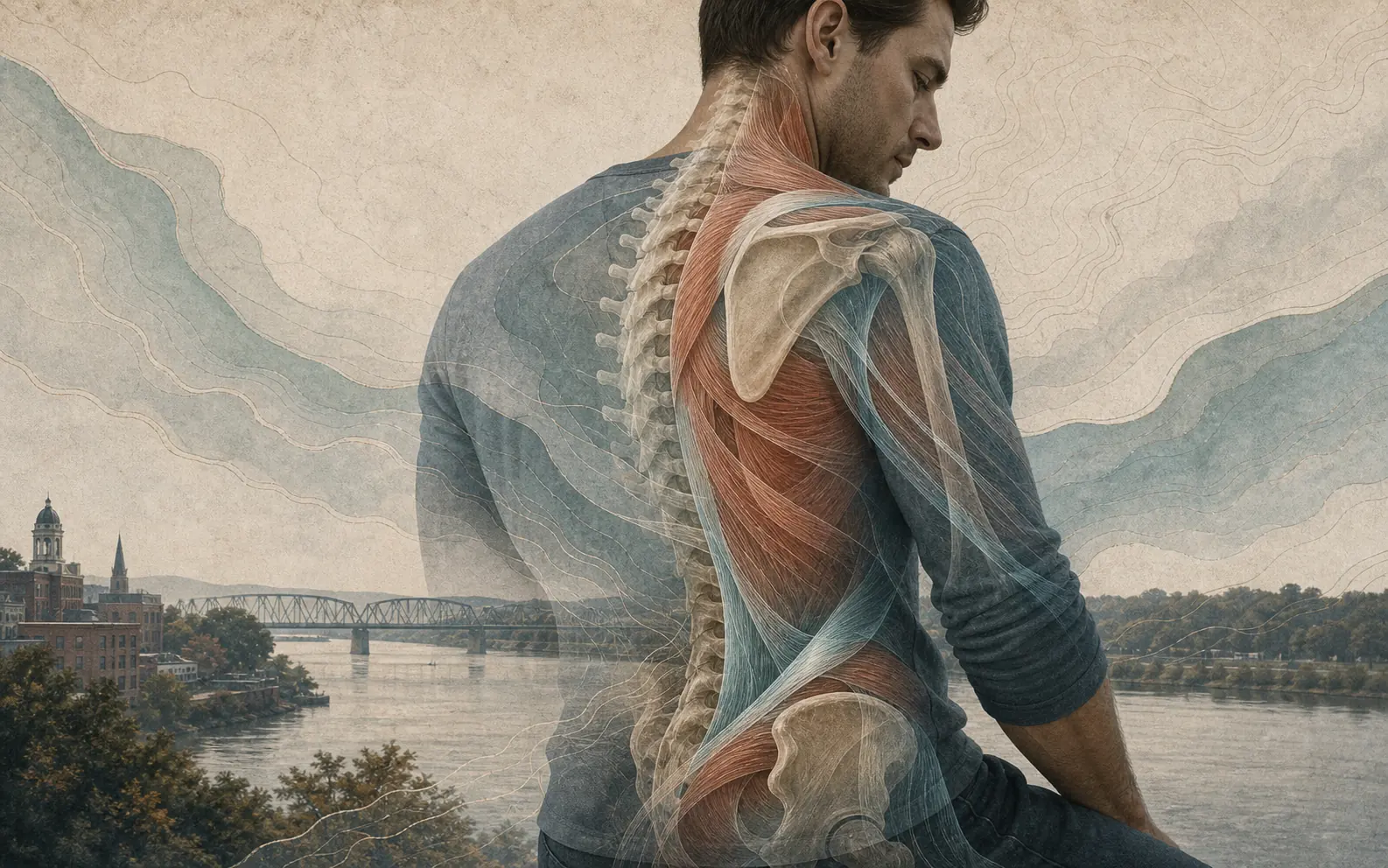 Illustration showing layers of muscle, tendon, and ligament around the neck and back