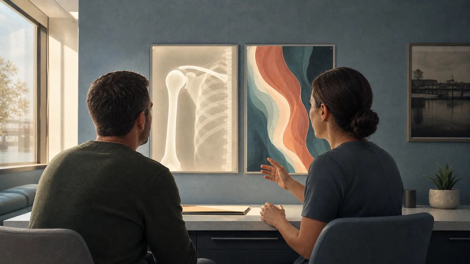 Clinician and patient reviewing simplified X-ray and soft-tissue imaging panels without readable medical data