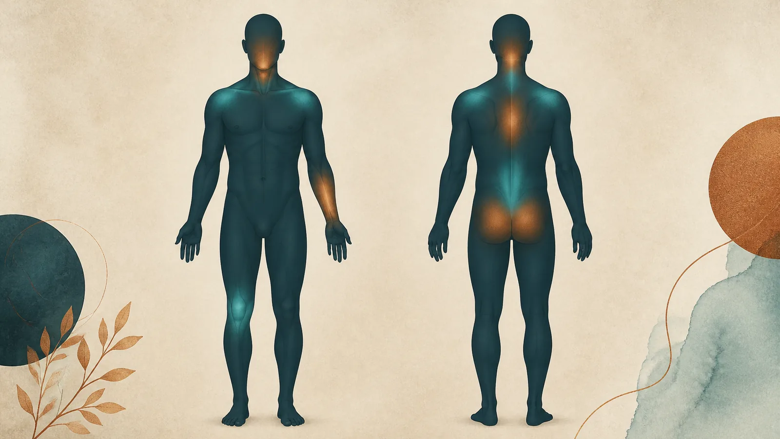 Common pain areas reported after a car accident in Portsmouth, Ohio Front and back body illustration showing common areas where people may notice pain or soreness after a car accident.