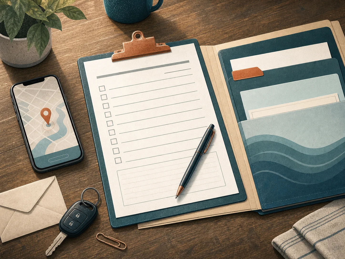 Organizing an Ohio crash report and claim paperwork A tidy desk with a blank crash-report folder, pen, phone, and a simplified Ohio road map