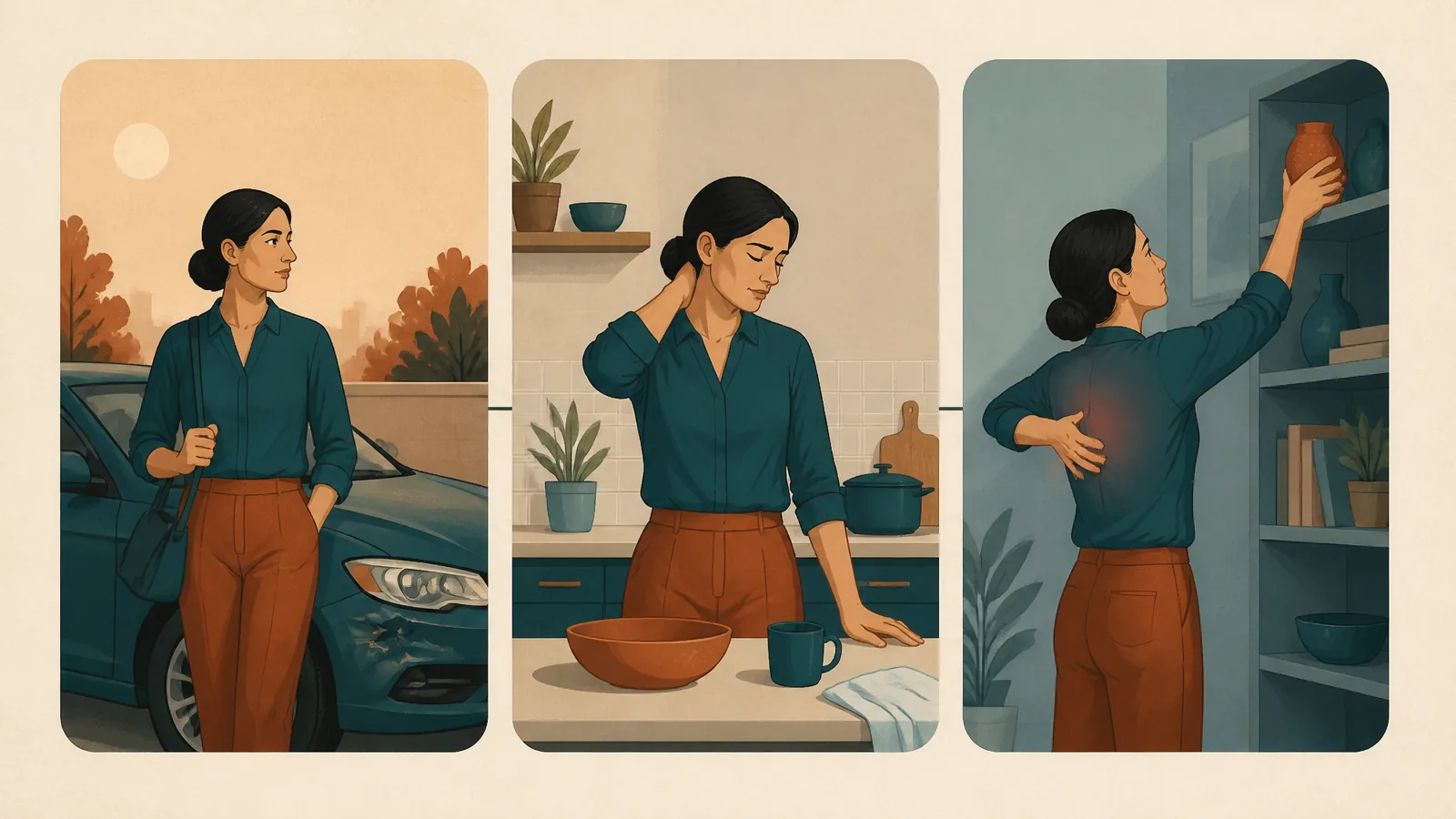 How symptoms can become noticeable in the days after a car accident Three-stage illustration of a person noticing different non-emergency symptoms after a car accident as normal activity resumes.