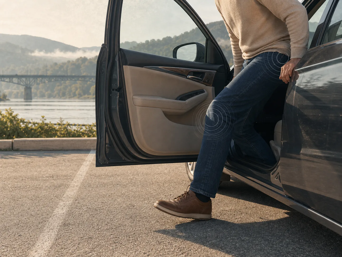 Person stepping out of a parked car with subtle markers around the knee and hip.