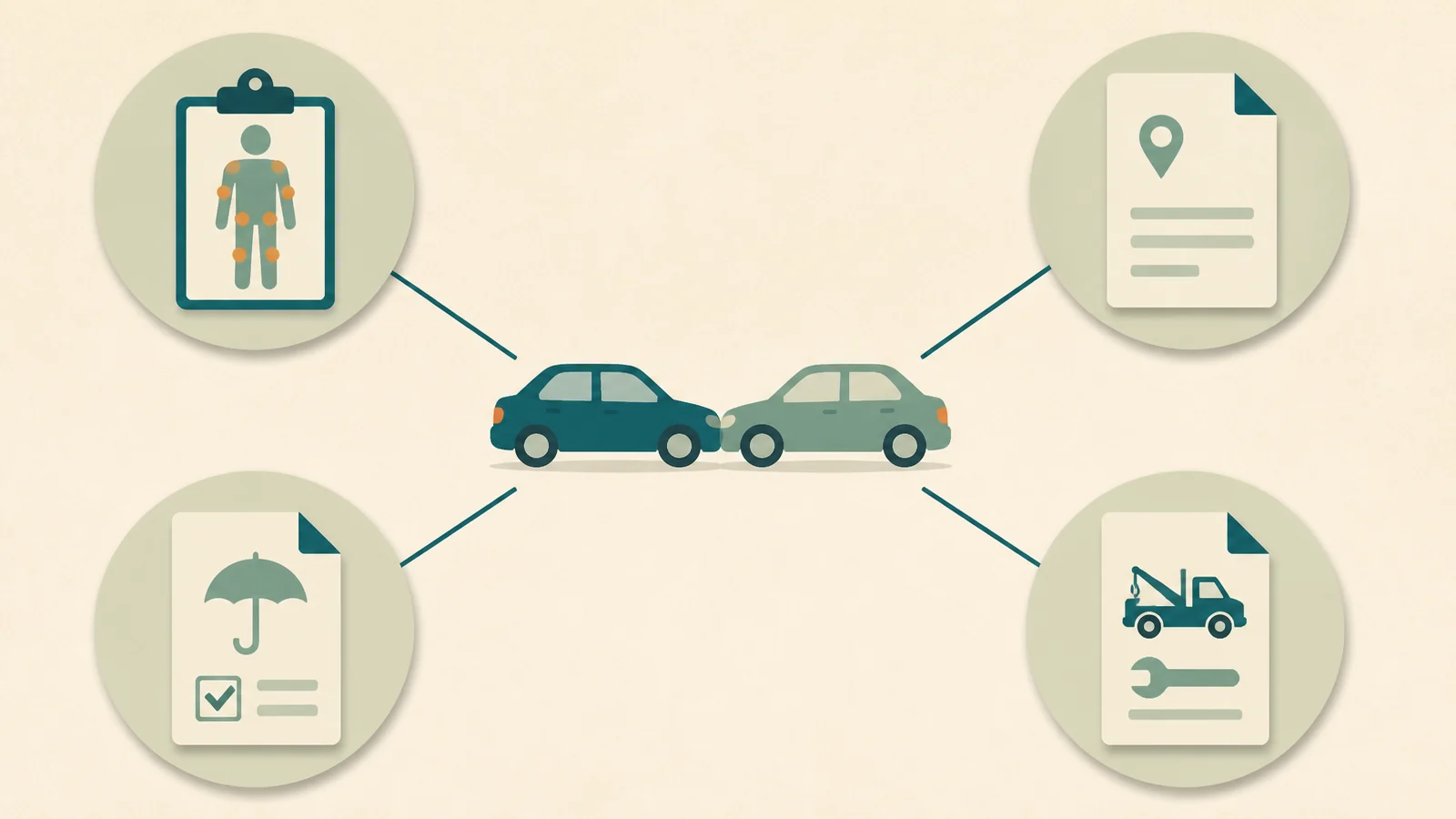 Health care, crash records, insurance, and vehicle records after a Portsmouth car accident Four-part illustration separating health care, crash records, insurance, and vehicle records after one car accident.