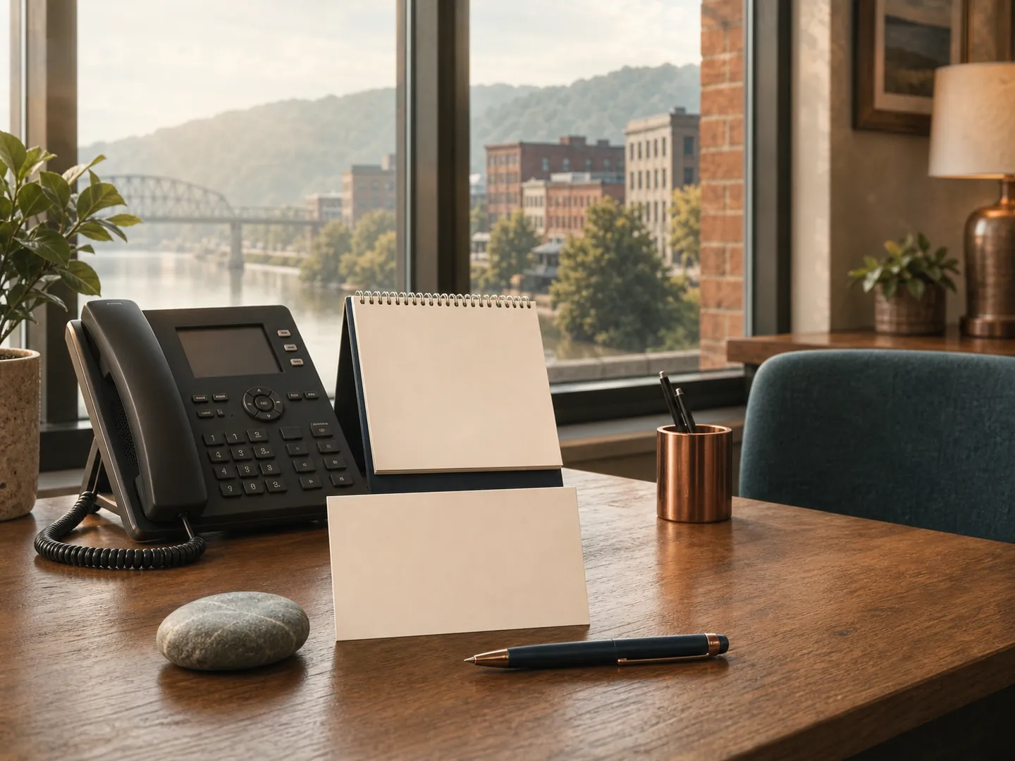 Request a callback from Portsmouth Accident & Injury Center Appointment desk with phone, blank callback card, calendar, and a Portsmouth river view.