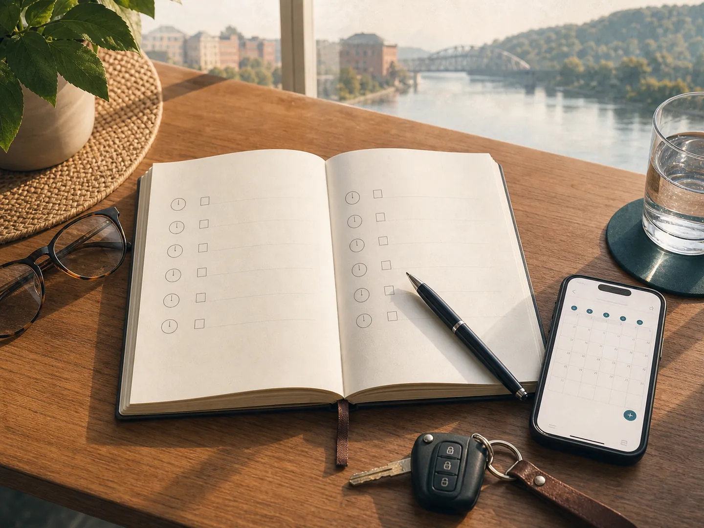 Blank notebook, calendar phone, glasses, water, and car keys arranged for private symptom tracking.