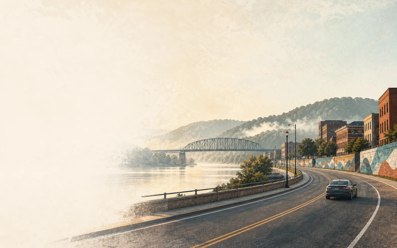 Portsmouth Ohio River route to accident and chiropractic care A car traveling beside the Ohio River toward downtown Portsmouth and a steel bridge.