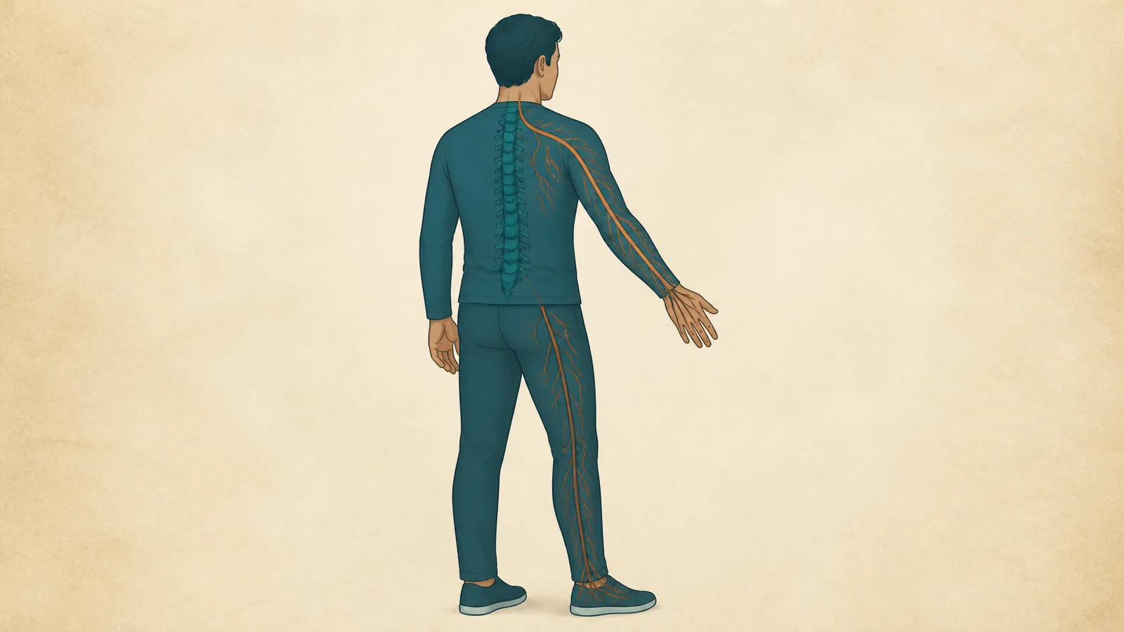 Radiating pain patterns into the arm or leg after a crash Simplified illustration showing how pain, tingling, numbness, or weakness may travel from the spine toward an arm or leg.