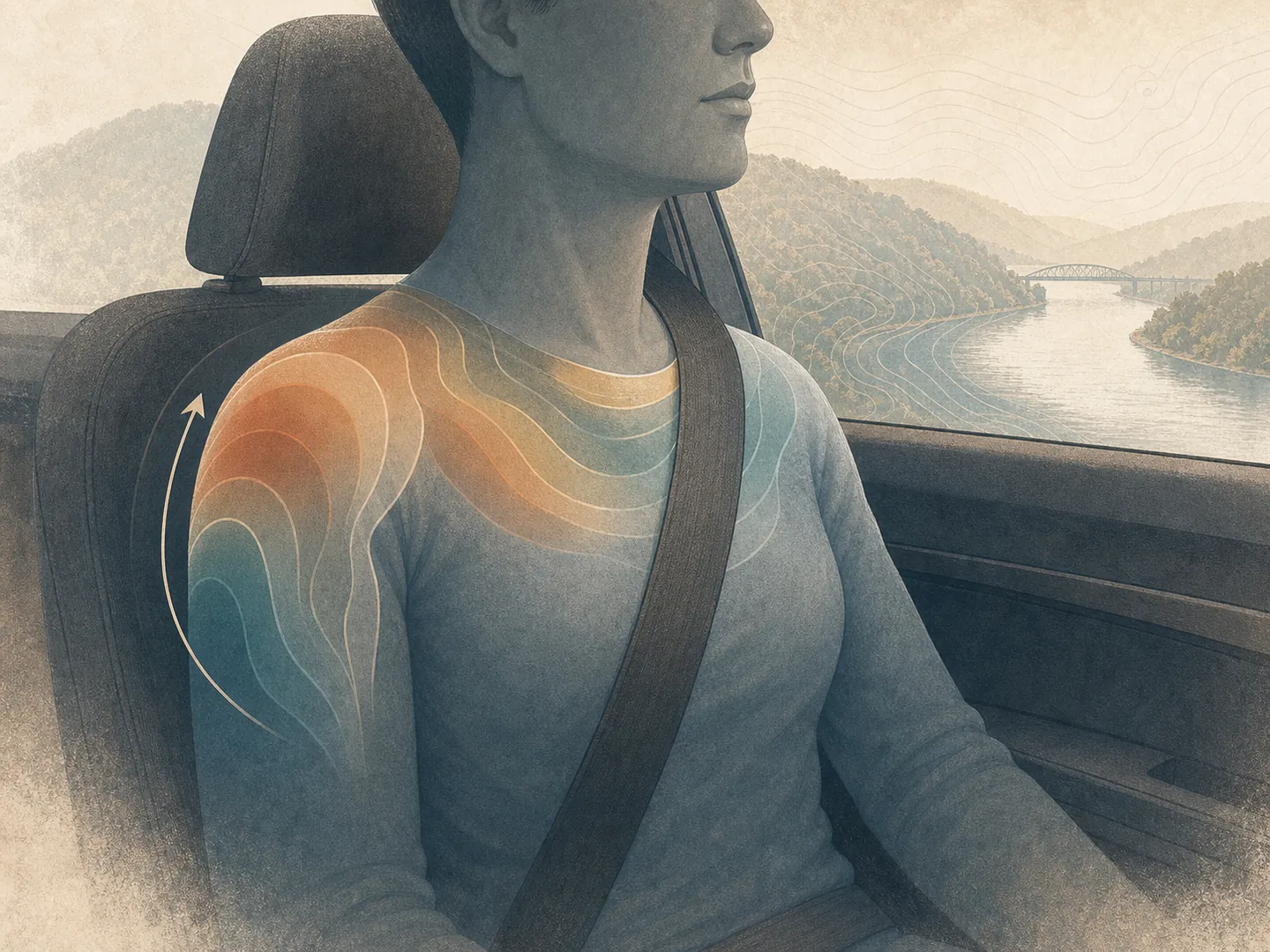 A properly positioned seatbelt and shoulder areas that may feel sore after a car accident.