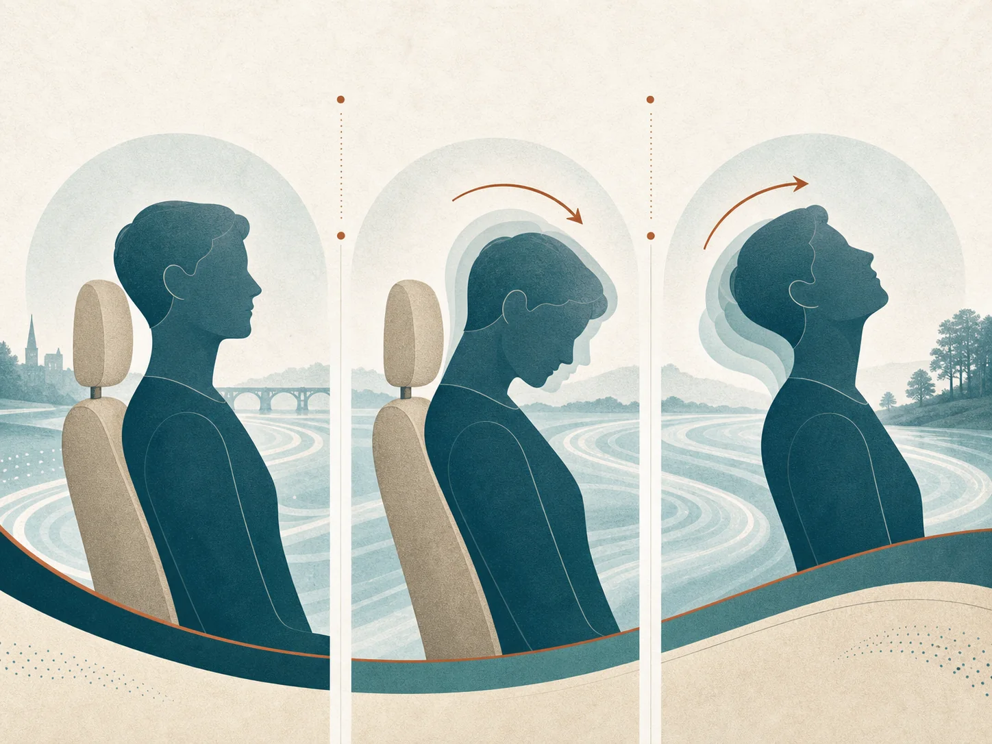 Three panels showing a seated head and neck in neutral, backward, and forward positions during a sudden vehicle movement